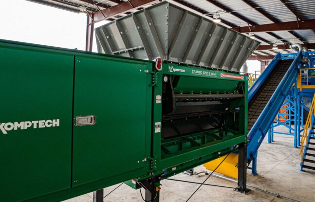 Komptech Americas Crambo stationary shredder setup at a Freestate Farms jobsite.